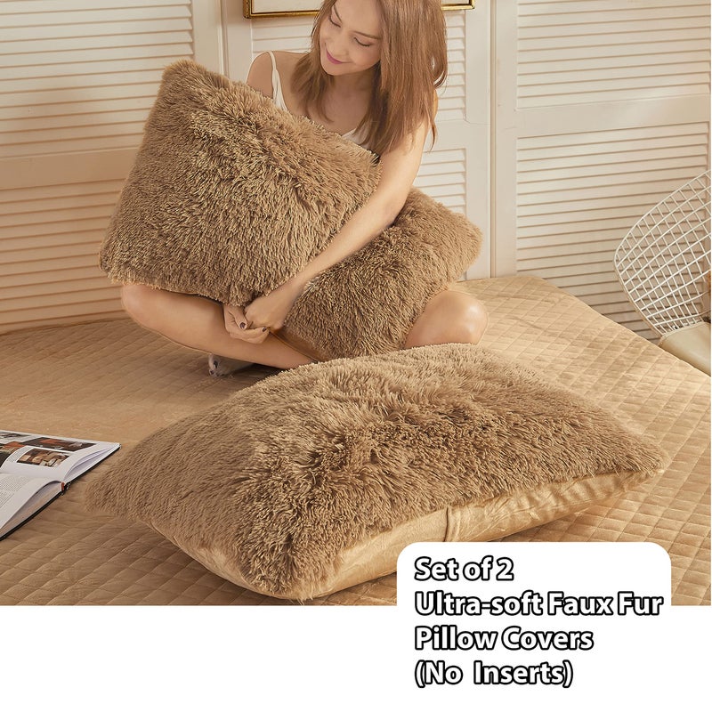 LIFEREVO 2 Pack Faux Fur Pillow Shams,Shaggy Plush Home Decorative Luxury Series Super Soft Furry Pillow Case with Zipper Closure for Home Sofa Couch Decoration,Standard (Camel,20"x26") - Image 2